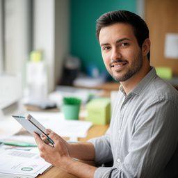 Brooklyn SaaS founder in a daylight office holding a tablet beside a desk covered with product notes