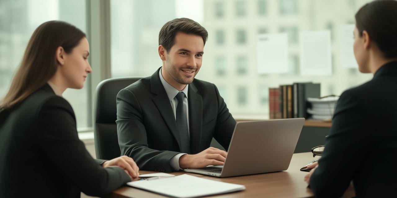 New York contract attorney office scene with a client meeting beside printed agreement pages and a laptop
