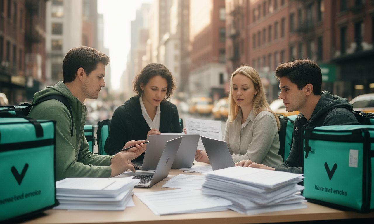Busy New York food delivery team reviewing merchant contract terms beside packed delivery bags and laptops